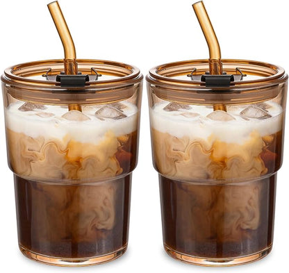 13oz Glass Coffee Tumbler with Straw and Lid, Reusable Iced Coffee Cups by MINGHYZYA