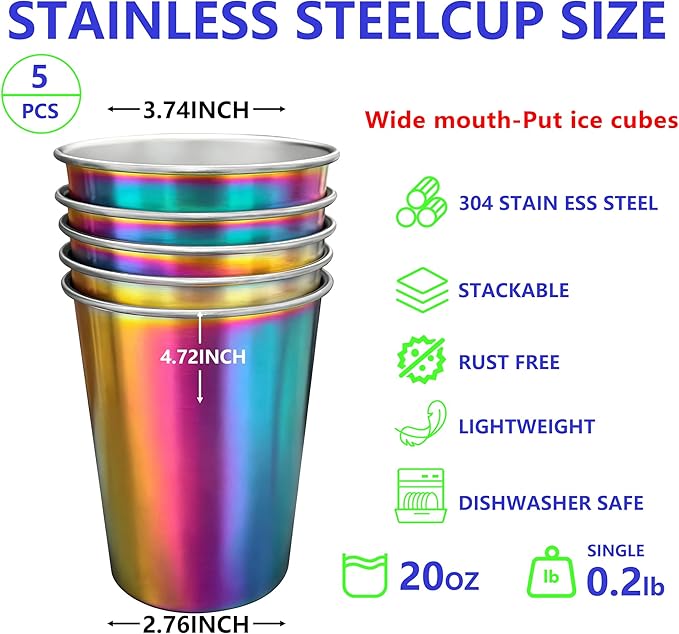 20oz 5PCS Stainless Steel Pint Cups, Reusable metal Cups, Drinking | Pint - Image 2