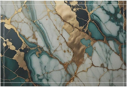 Marble Linen Placemats Set of 4, Modern Abstract Foil Texture White Green Gold Marble 12x17 Inch Washable Table Mats Non Slip Placemats for Wedding Party Kitchen Banquets Dining Decoration