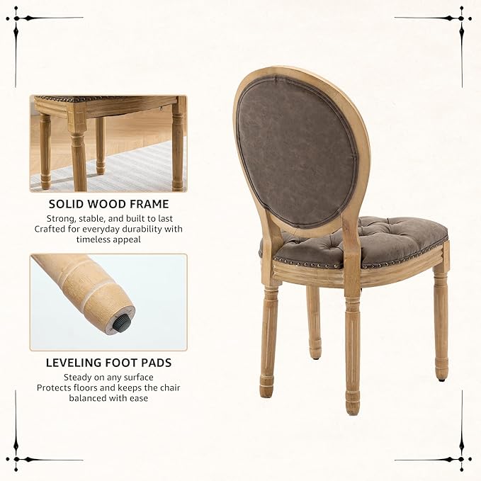 Vintage French Dining Chairs Set of 4, Round Back PU Leather Upholstered Accent Chairs with Nailhead Trim and Solid Wood Frame, Farmhouse Sillas de Comedor for Dining Room & Kitchen, Distressed Brown