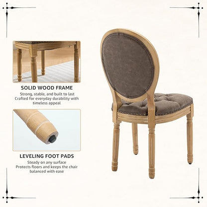 Vintage French Dining Chairs Set of 4, Round Back PU Leather Upholstered Accent Chairs with Nailhead Trim and Solid Wood Frame, Farmhouse Sillas de Comedor for Dining Room & Kitchen, Distressed Brown