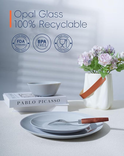 10.5 inch Dinner Plate Set of 6, Lightweight Round Opal Glass Grey Dinnerware Plates, Dishwasher and Microwave Safe
