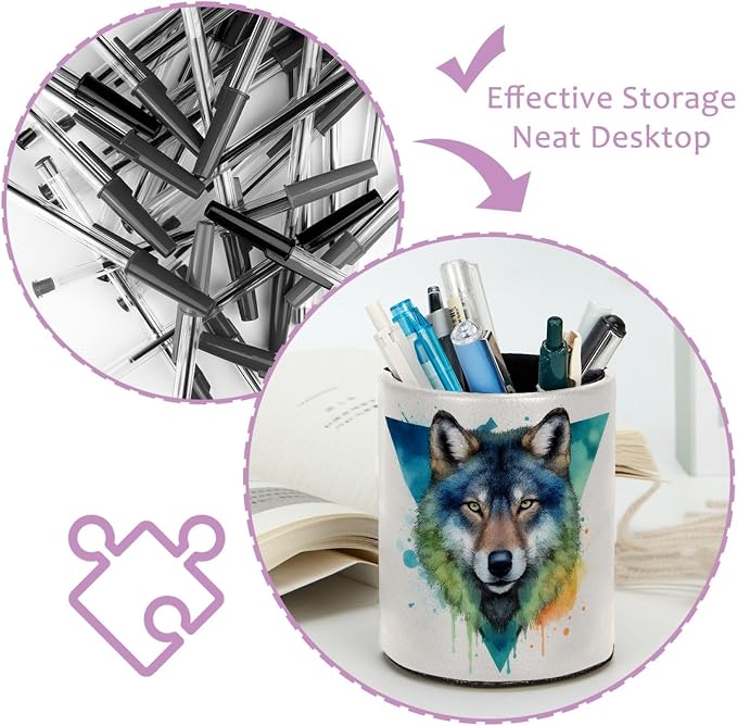 Leather Pen Holder for Desk, Watercolor Wolf Pencil Cup Pen Organizer Makeup - Image 4