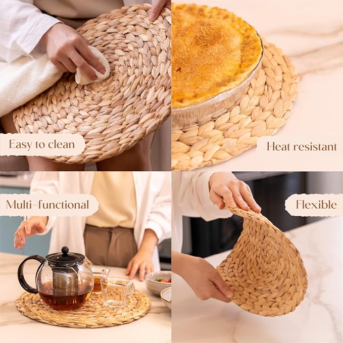 Round Woven Placemats Set of 4, Natural Water Hyacinth Place Mats, Boho Wicker - Image 5