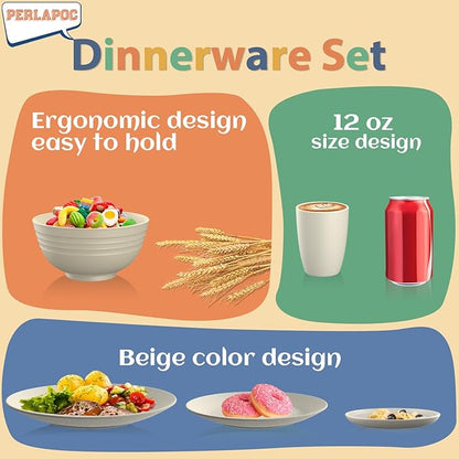 Dinnerware Sets 40 PCS Wheat Straw Plates and Bowls Sets With Cups Service for 8 Microwave Safe Dishes for Kitchen Lightweight Dish Set for RV Outdoor Activities Travel - Beige Colors