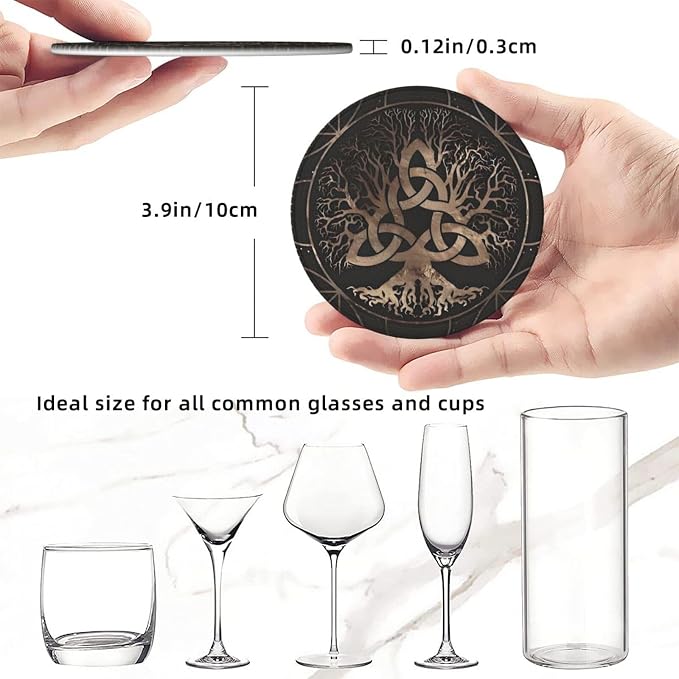 Drink Coasters with Holder Stand Set of 6, Tree of Life Copper Pu Leather - Image 3