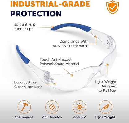 Clear Safety Glasses 24 Pack, Polycarbonate Lens with Rubber Temples, Safety Goggles Anti-Scratch Impact Resistant, Eye Protection for Work Lab Construction, Clear Lens/Blue Frame