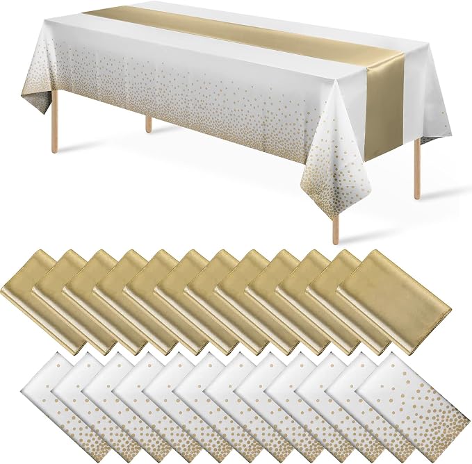 24Pack Disposable Plastic Tablecloths and Satin Table Runner Set White and Gold by MASHAN