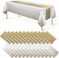 24Pack Disposable Plastic Tablecloths and Satin Table Runner Set White and Gold by MASHAN