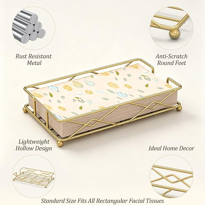 Gold Guest Towel Napkin Holder, Rectangular Metal Tray - Image 3