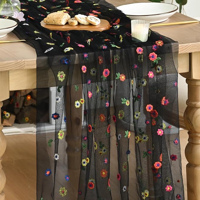 Artoid Mode Black Embroidery Daisy Gauze Table Runner 120 Inch 10FT | Seasonal by ArtoidMode