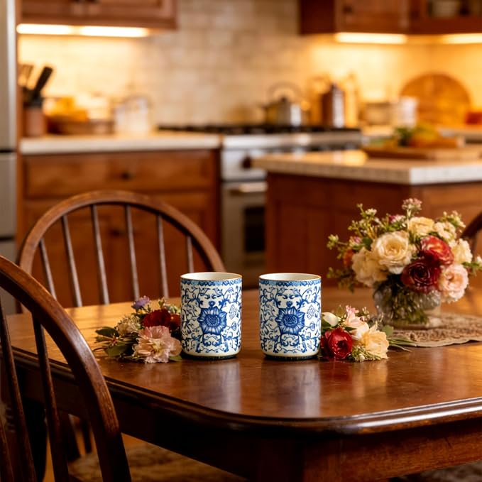 Blue and White Floral Porcelain Tea Cups Set of 2 | No Handle, Bone China - Image 8