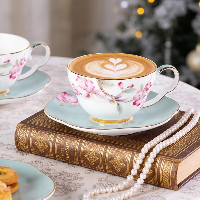KAMMAK Tea Cups Set of 2, Ceramic Floral Pattern Demitasse Cup | Porcelain - Image 5