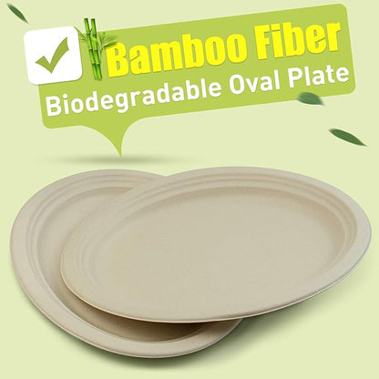 Green Earth, 12-Inch, 125-Count, Compostable Plates, Natural Bamboo Fibers, Everyday Tableware - Biodegradable Disposable Oval Shape Microwave-Safe Gluten-Free Eco-Friendly