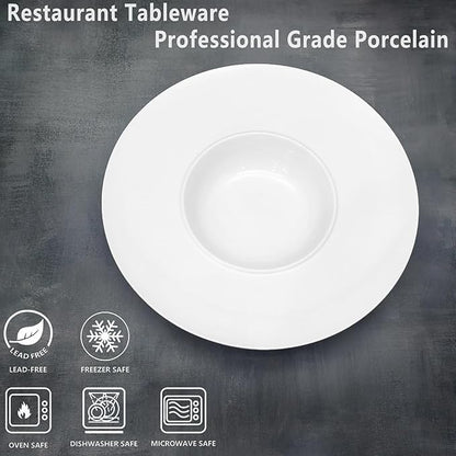 Ceramics Rimmed Soup Bowls 8.5 oz, White 10.4 inch Exquisite small soup plate Set of 4, Pasta plates With Rim is the best choice for hotels, kitchens, fine restaurants and gourmets