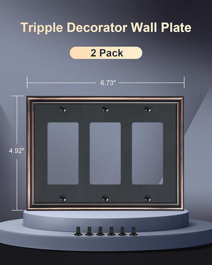 2-Pack Decorative Tripple Decorator Outlet Cover Plate, Durable Zinc Alloy Aged Bronze Wall Plates for Electrical Outlets, Receptacle, GFCI Outlet, Dimmer Switch, 3-Gang, Corrosion Resistant