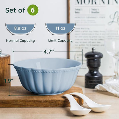 HOMBENE Blue Porcelain Fruit Bowls, 4.7 Inch Serving Bowls,Ice Cream Bowl, Kitchen Bowl Set, Microwave and Dishwasher Safe, Set of 6