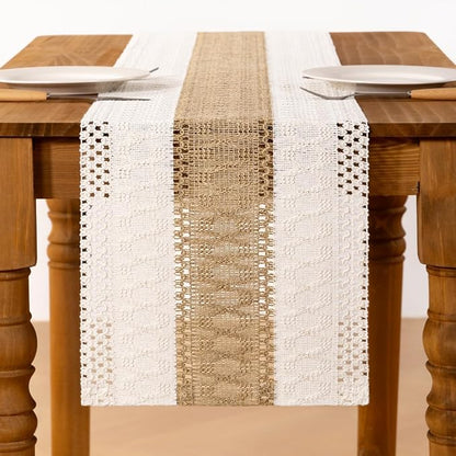 Ivory & Burlap Boho Table Runner Farmhouse Woven Table Runner 12x72 Inch | - Image 3