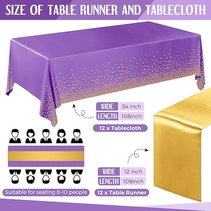 Breling 24 Pack Purple and Gold Disposable Plastic Tablecloths and Satin Table Runner Set, 54 x 108 Inch Tablecloth, 12 x 108 Inch Table Runners for Wedding Graduation Birthday Baby Shower