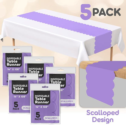 Lavender Plastic Disposable Table Runner. 5 Pack 14 x 108 inch. Scallop Table - Image 2