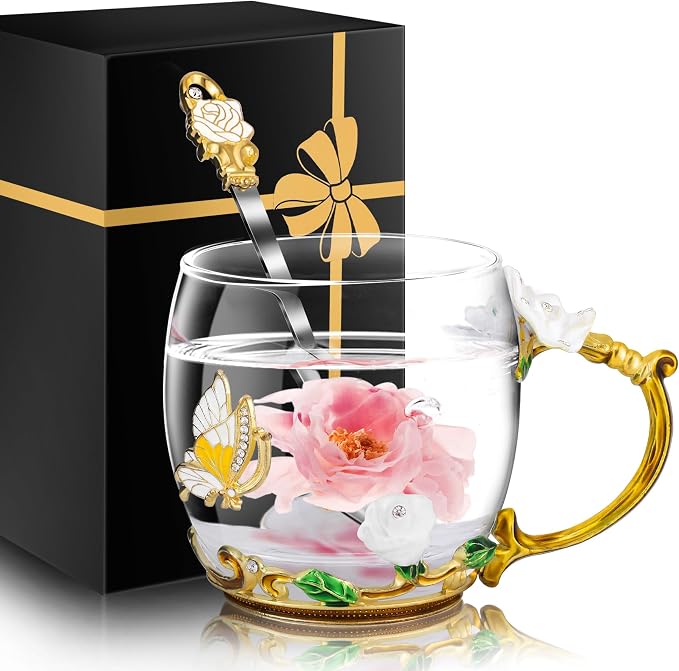 Women Glass Tea Coffee Pretty Cup Set Cute Mug Wife Birthday Wedding by MNZZ