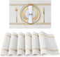 FAVE Placemats Set of 6 White Placemats Woven with Golden Thread Durable and Wipeable Vinyl Placemat Set of 6 for Wedding, Banquet, Birthday, Party, Restaurant Decorations(White)
