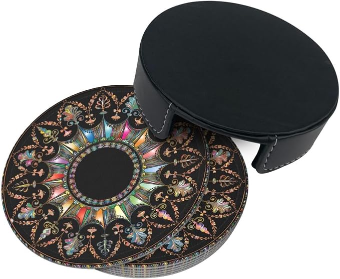 Drink Coasters with Holder Stand Set of 6, Mandala Flourish Floral Pu Leather - Image 7