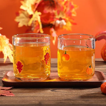 Icon Juice Glasses, 14oz Stemless Wine Drinking Juice Glass Cup for Valentine Party Supplies Gift(2 Pcs,Maple Leaf & Pumpkin)