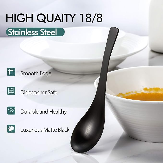 HIWARE Matte Black Thick Heavy-Weight Soup Spoons, Stainless Steel Soup Spoons - Image 3
