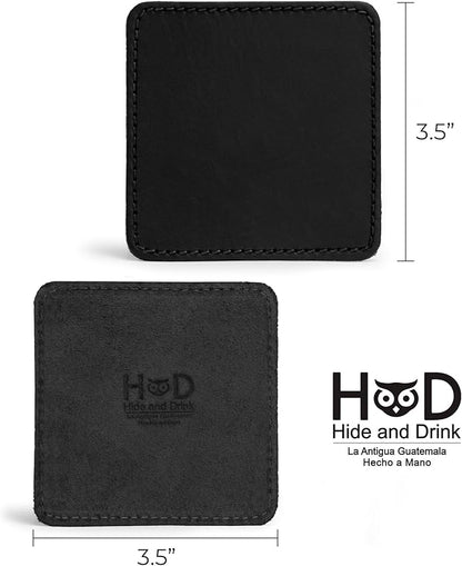 Hide & Drink Leather Coasters Set of 8, Premium Leather Table Protection for Drinks, Elegant Accessory for Home/Office, Protects Surfaces, Bourbon Table Coasters, Bar, Western (Charcoal Black)