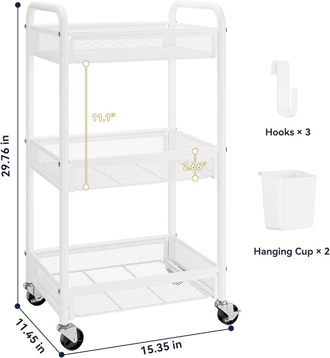 3 Tier Metal Rolling Cart, Art Workspace, Bedside Storage - Image 6