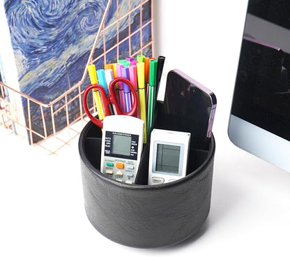 Hennaja Round Leather Art Supply Organizer,Remote Control Holder,360 Degree Spinning,Multi-Functional Pencil Holder,4 Compartments Desktop Stationary Organizer(1-Crazy Black)
