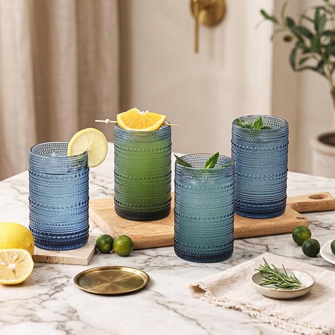 Moretoes 15oz Blue Vintage Hobnail Drinking Glasses Set of 6 | Highball Glass - Image 7