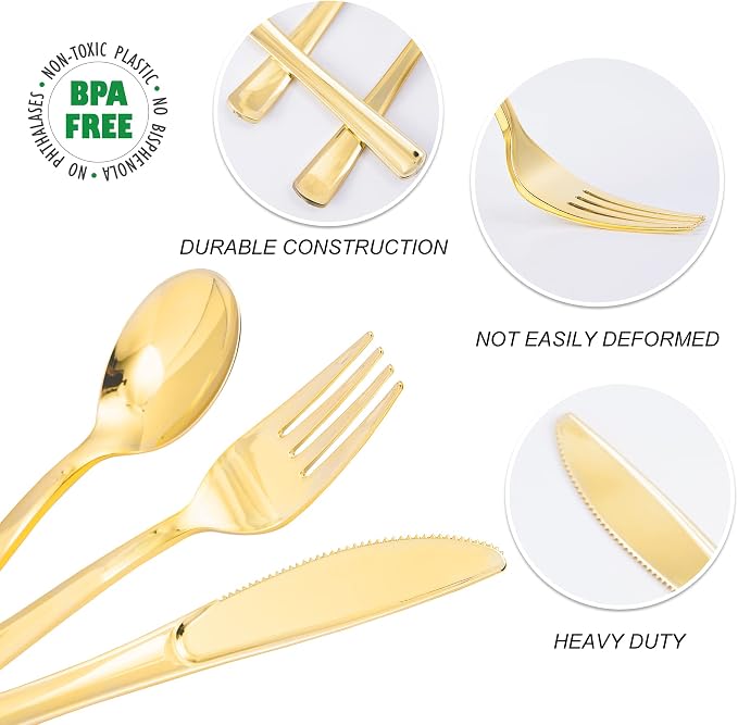 300PCS Gold Plastic Silverware, Disposable Plastic Cutlery/Utensils | Heavy - Image 5