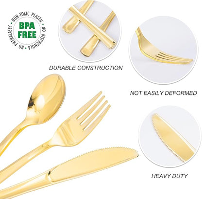 300PCS Gold Plastic Silverware, Disposable Plastic Cutlery/Utensils | Heavy - Image 5