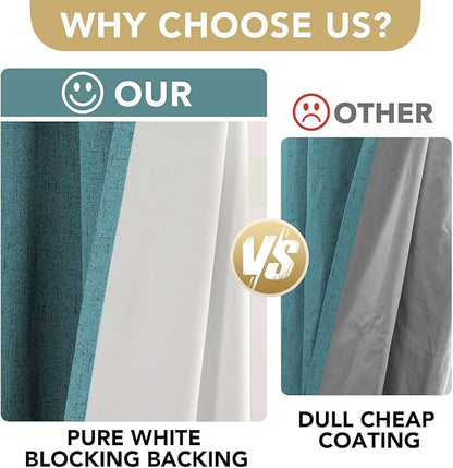H.VERSAILTEX Linen Blackout Curtains 72 Inches Long 100% Absolutely Blackout Thermal Insulated Textured Linen Look Curtain Draperies Anti-Rust Grommet, Energy Saving with White Liner, 2 Panels, Teal