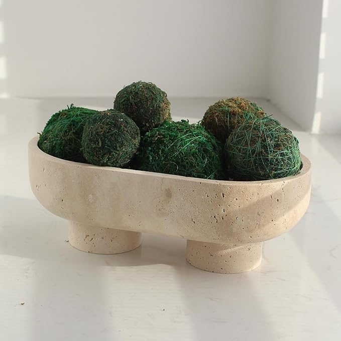 Natural Oval Travertine Fruit Bowl for Kitchen Counter 10", Large Decorative Bowl Two-Legs for Home Decor, Fruits Holder For Dining Table - Kitchen Organization