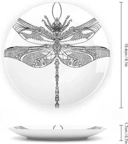 Ceramic Display Plate, Abstract Ceramic Hanging Decorative Plate, Animal Steampunk Dragonfly Pattern, 10 Inch, Living Room Kitchen Decoration Household, Black White