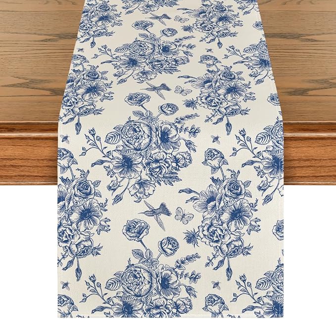 Artoid Mode Spring Navy Blue Floral Chinoiserie Table Runner, Seasonal Summer by ArtoidMode
