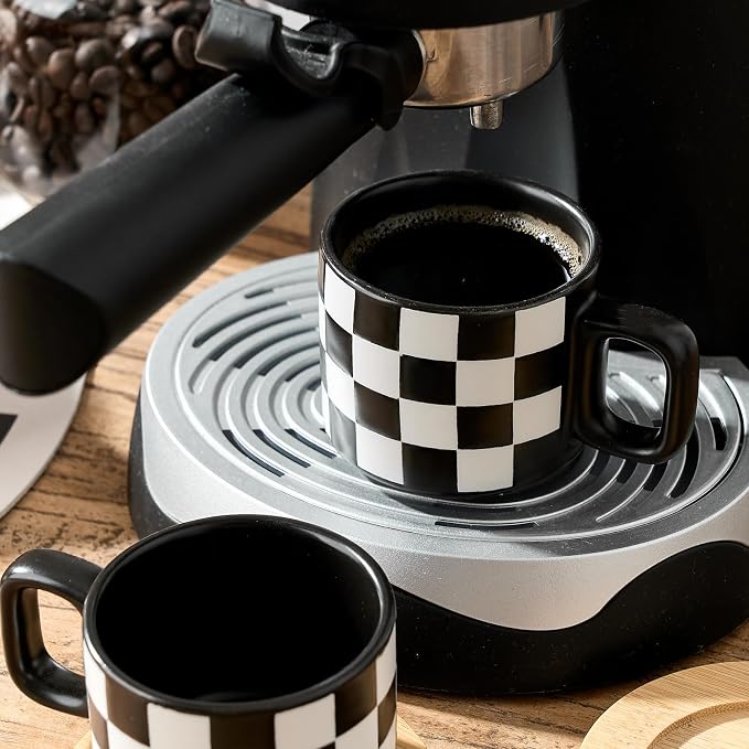 LUKA Porcelain Stackable Black and White Checkered Espresso Cups - Image 6