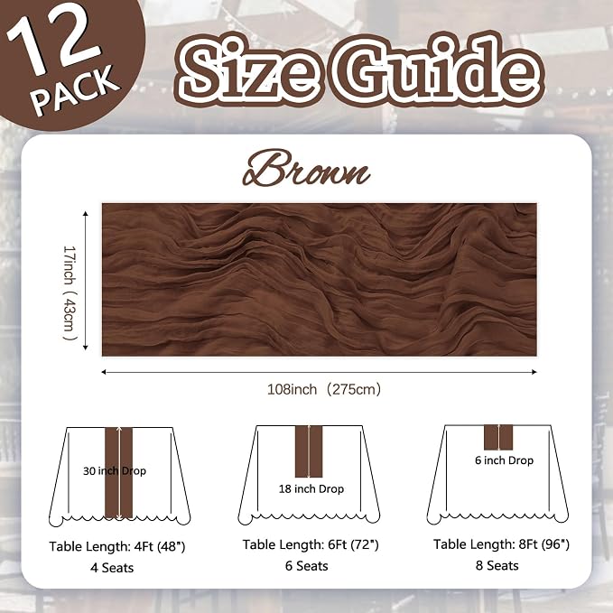 12 Pack Brown Cheesecloth Table Runner 17 x 108 Inch | Boho Gauze Cheese Cloth - Image 2