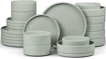 E-far Dinnerware Sets with Pasta Bowls, 24-Piece Stoneware Plates and Bowls Sets for 6 | Microwave & Dishwasher Safe Kitchen Modern Dish Set, Speckled Green