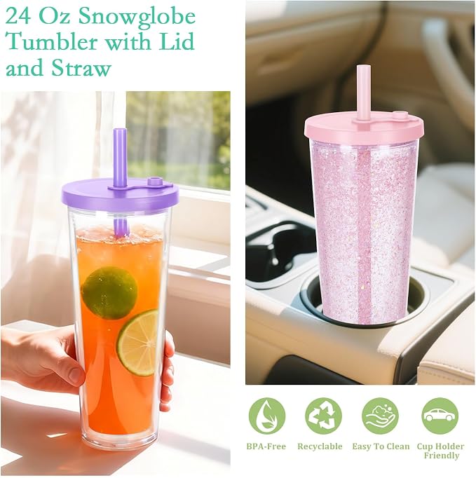 6 Pack 24Oz Snow Globe Tumblers, Double Wall Acrylic Pre Drilled Snow Globe Cup - Image 4