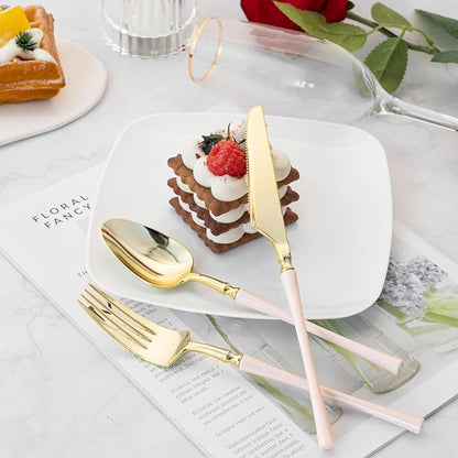 Lullaby 150pcs Gold Plastic Silverware, High End Disposable Cutlery with Pink Handle Include 50 Forks, 50 Spoons, 50 Knives, Perfect for Birthdays, Parties, Weddings, and More
