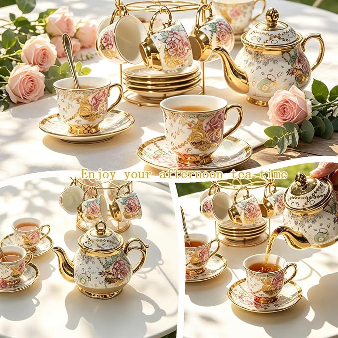 CHANJOON Gold Plated Red Rose Ceramic Tea Set, Vintage Tea Sets - Image 5
