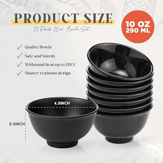 Tioncy 20 Pack 10 oz Melamine Bowls Black Round Dessert Bowls Set - Image 2