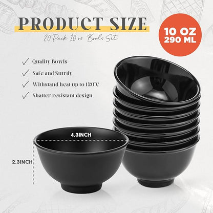 Tioncy 20 Pack 10 oz Melamine Bowls Black Round Dessert Bowls Set - Image 2