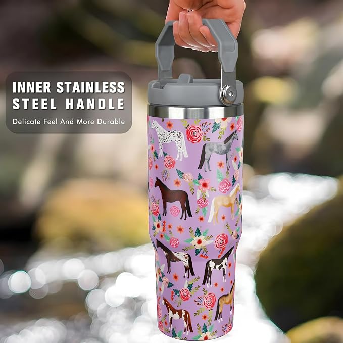 30 oz Horse Tumbler with Handle and Flip Straw, Vacuum Insulated Water Bottle - Image 3
