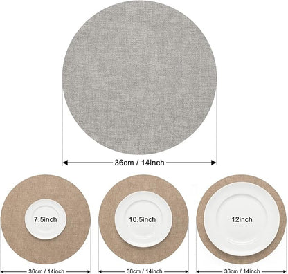 Myir JUN Reversible Vinyl Round Placemats Set of 8, Faux Leather Place Mats Dual Sided Waterproof Oilproof Wipeable, Heat-Resistant Table Mats for Kitchen Dining Indoor Outdoor (14", Light Gray Beige)
