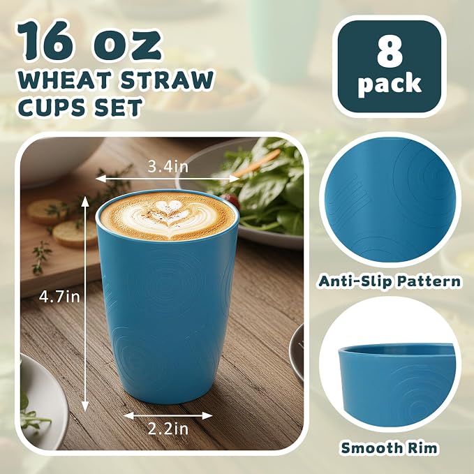 Wrova Wheat Straw Cups Set Alternative to Plastic Cups 16 oz, Reusable Drinking - Image 3